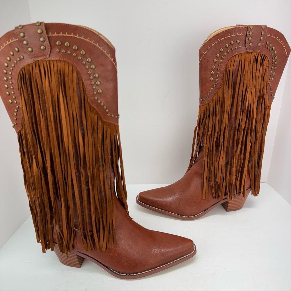 Styleloop size 7 Women’s Tan Faux Leather Studded Fringe Western Cowboy Boots - Picture 11 of 15